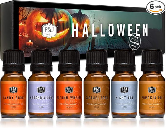 P&J Fragrance Oil Halloween Set | Autumn Wreath, Pumpkin Pie, Candy Corn, Marshmallow, Night Air, and Caramel Corn Candle Freshie Scent for Candle Making, Soap Making Supplies