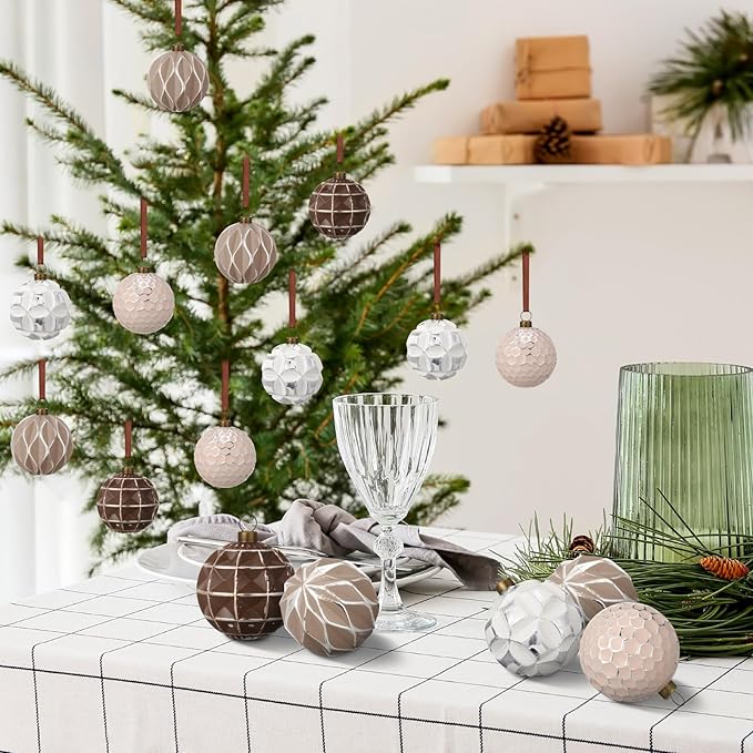 Syhood 24 Pcs Neutral Textured Christmas Ball Ornaments 2.4 Inch Vintage Xmas Tree Decorations Rustic Distressed Xmas Baubles Antique Farmhouse Modern Christmas Decor for Tree Home (Earth Tones)