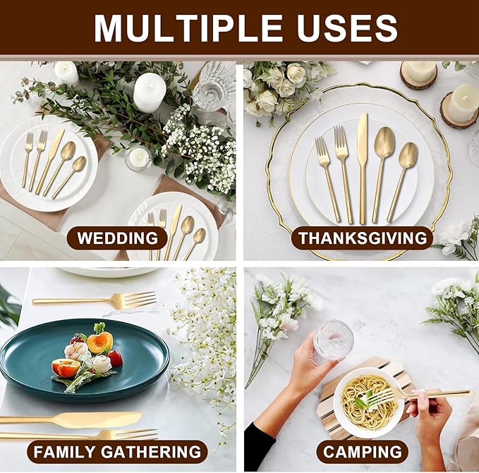 18/0 20-Piece Gold Silverware Set, Flatware Set Stainless Steel, Modern Cutlery Set, Service for 4, Mirror Finish Dishwasher Safe