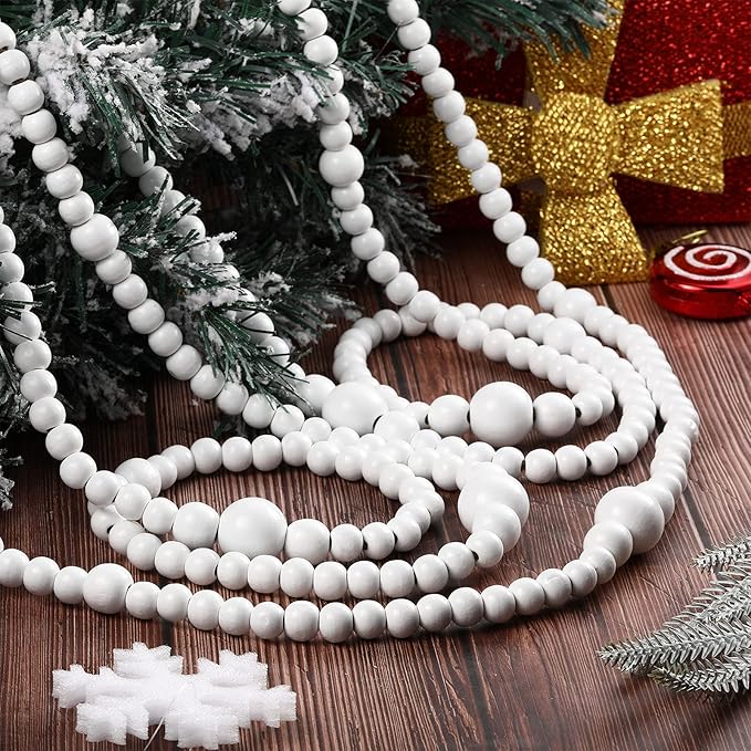 12 Feet Christmas Wooden Beads Garland Round Craft Farmhouse Vintage Wood Bead Garlands for Xmas Decoration Supplies(White)