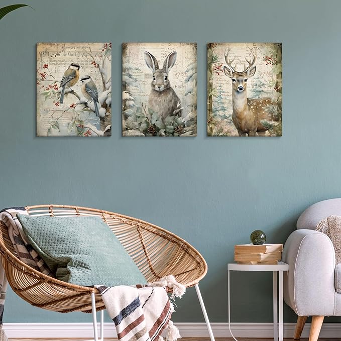 DSHFG Vintage Winter Woodland Animals Wall Decor, Woodland Animals Canvas Wall Art Decor Framed Set of 3, Winter Rabbit Wall Decor for Home Farmhouse Living Room, Housewarming Gifts 14x11 Inch