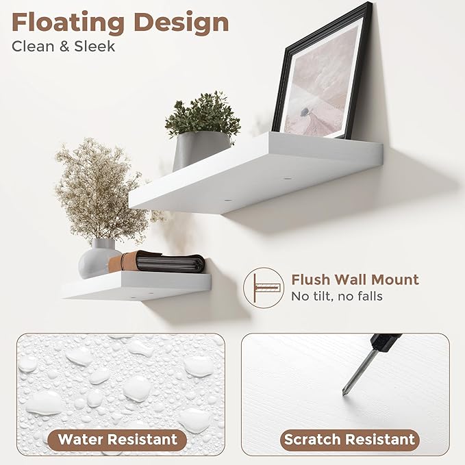 Floating Shelves for Wall with Invisible Brackets, Wall Mounted Engineered Wood Shelves with Wood Grain for Living Room, Bedroom, Bathroom, Kitchen Decor and Storage, Oak, 8"L Set of 3, White