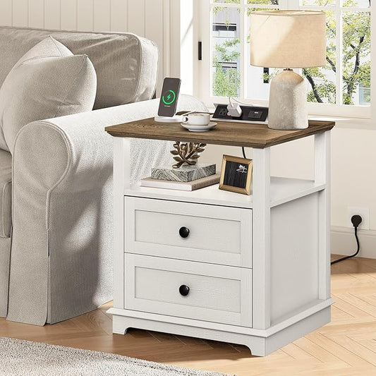 HIFYOBRO End Table with Flip Top Charging Station and 2 Drawers, Type-C & USB Port & Power outlets, Wooden Storage Cabinet, Large Side Table with Storage for Living Room and Bedroom (White)