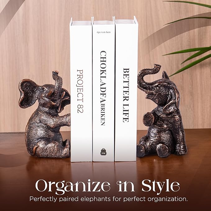 Decorative Vintage Elephant Bookends with Non-Slip Padding for Shelves to Hold Books - Heavy Duty Resin Book Holders for Bookshelf Decor, Home, Office, Living Room – 4” L x 4” W x 7”H
