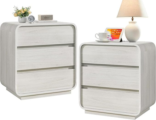 Stadiurno White Nightstand Set of 2 with Charging Station, 23.2" Wide Wood Night Stand, Modern Bedside Table Dresser with 3 Storage Drawers, Curved Profile, Mid Century End Table for Bedroom Office