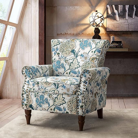 HULALA HOME Modern Wingback Accent Chair with Wood Legs & Removable Cushion, Comfy Upholstered Armchair with Nailhead Trim, Floral Pattern Single Sofa Chair for Living Room Bedroom, Green