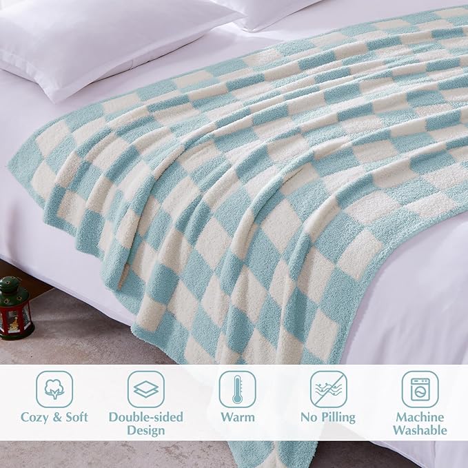 WRENSONGE Checkered Throw Blanket, Sky Blue Soft Cozy Fluffy Warm Hand Made Throw Blankets for Couch, Sofa, Chair, Bed, Camping, Picnic, Travel Lightweight Bed Blanket - 50"*70"
