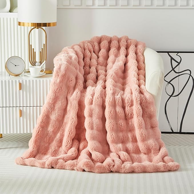 Faux Fur Throw Blanket for Couch Cozy Fuzzy Soft Plush Thick Fluffy Fleece Bubble Blanket for Sofa Bedroom Living Room, 63x79 Inches Pink