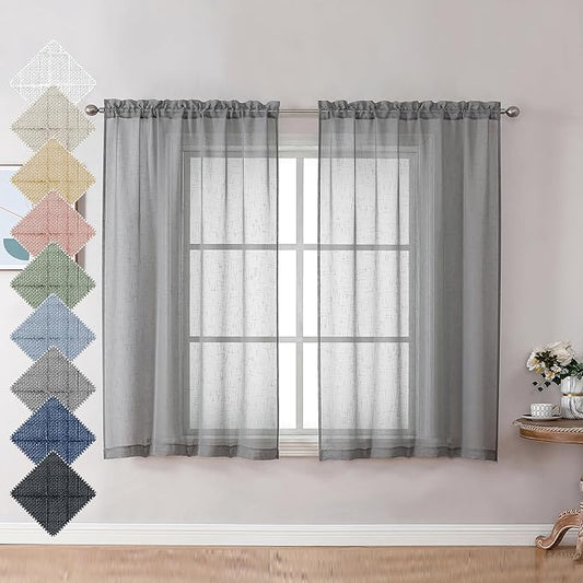 Aiyufeng Grey Sheer Curtains 45 Inch Length 2 Panels, Short Linen Curtains for Kitchen, Small Window Curtains Window Treatment Privacy with Light Filtering for Cafe/Bathroom, Each 30Wx45L Inch, Gray