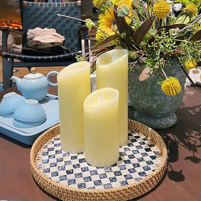 Set of 2 Rattan Checkered Tray with Mother of Pearl, Round Coffee Table Tray Decor, Round Wicker Boho Decorative Woven Serving Tray (Checkerboard)