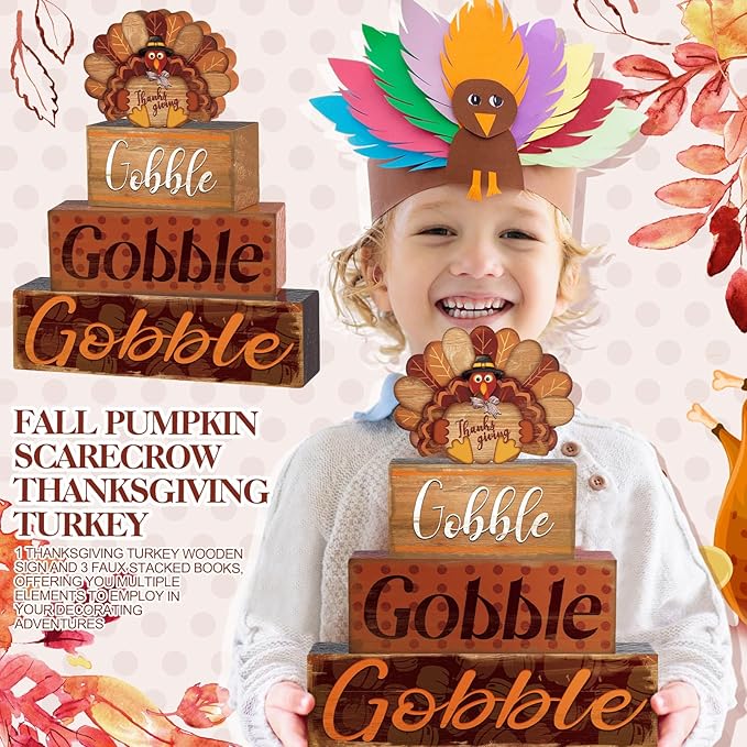 4 Pcs Thanksgiving Decor for Home Cute Turkey Wooden Signs with Sayings Thanksgiving Fall Tiered Tray Decor Turkey Tabletop Centerpiece Gobble Block Signs for Office Kitchen Shelf