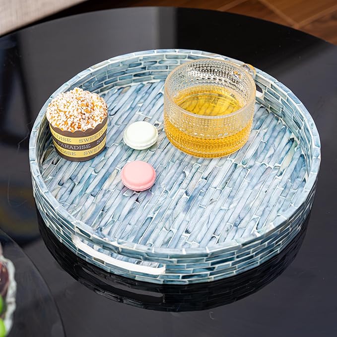 PEMAR 12.6” Mother of Pearls Lacquer Inlaid Round Serving Tray with Handles, Round Decorative Nacred Wooden Ottoman Coffee Table Tray (Blue Tiles)