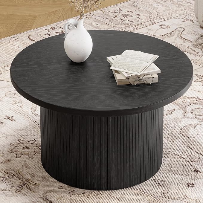 ONBRILL 31.5" Round Coffee Table, Tambour Design Coffee Tables for Living Room, Mid Century Modern Wood Coffee Table, Drum Accent Small Center Table, Black