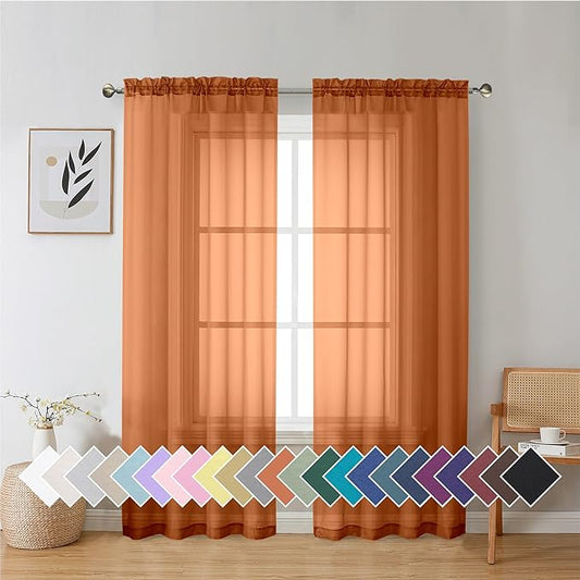 Aiyufeng Orange Sheer Curtains 72 Inch Length 2 Panels Set, Light Filtering Airy Rod Pocket Orange Window Curtain Treatment Drapes for Kitchen Bedroom Living, Each 42Wx72L Inches