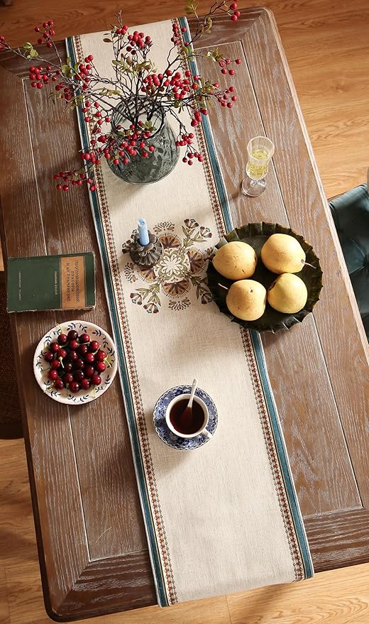 patdrea Designer Beige Farmhouse Geometric Patterned Linen Table Runner 87 Inch Long,Wrinkle Resistant Table Mat,Decoration for Kitchen Dining and Coffee Tables Banquet Christmas , 12"x87"