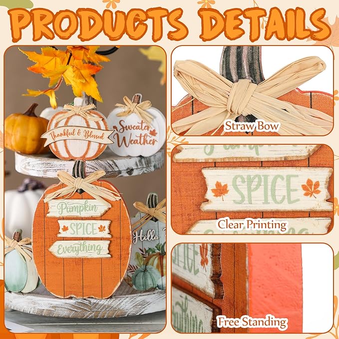 5 Pcs Fall Pumpkin Decor for Home Thanksgiving Novel Wooden Table Centerpiece Decorations Light Green Fall Wooden Pumpkin Signs for Autumn Farmhouse Kitchen Mantle Tabletop Supplies