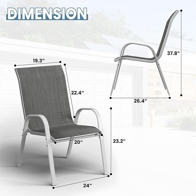 Amopatio Patio Chairs Set of 6, Stackable Outdoor Dining Chairs for All Weather, Silver Outdoor Chair Garden Furniture for Backyard Deck, Grey