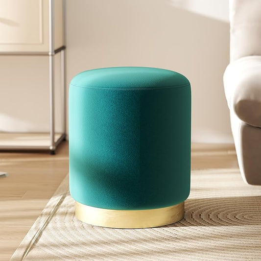 DAGONHIL Modern Round Pink Velvet Ottoman,Upholstered Floor Stools with Gold Plating Base,Accent Makeup Stool for Living Room,Bedroom and Kids Room,Pack of 1(Blue Green)