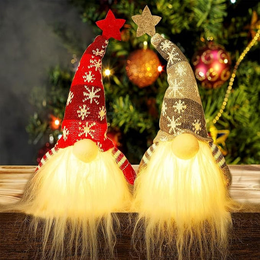 Juegoal 11" Lighted Christmas Gnome Santa, Light Up Elf Holiday Present, Battery Operated Winter Tabletop Christmas Decorations, 2 Set
