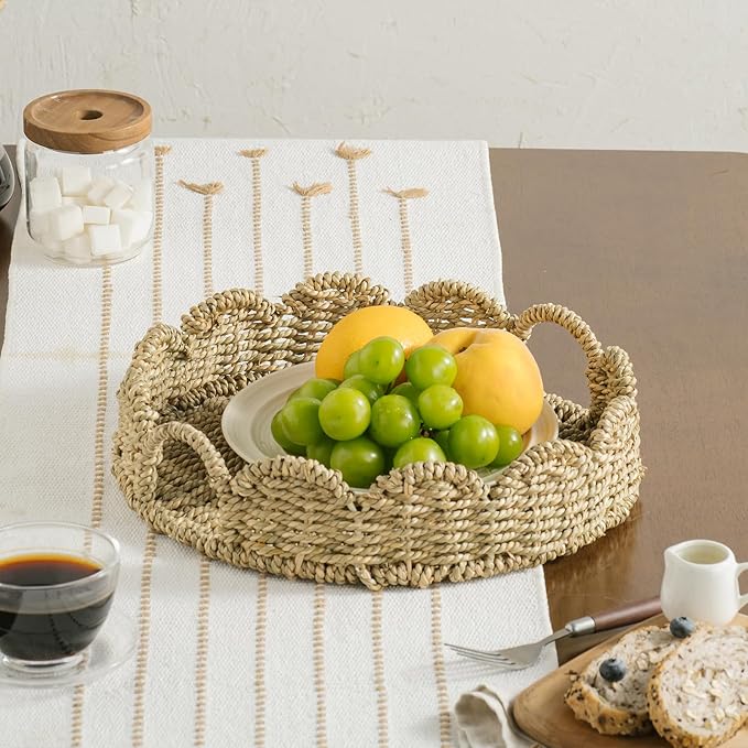 Wicker Tray, Handwoven Woven Tray with Handles and Scalloped Edge, Round Wicker Basket for Home Decor and Organizing, 13" L x 13" W x 3.5" H