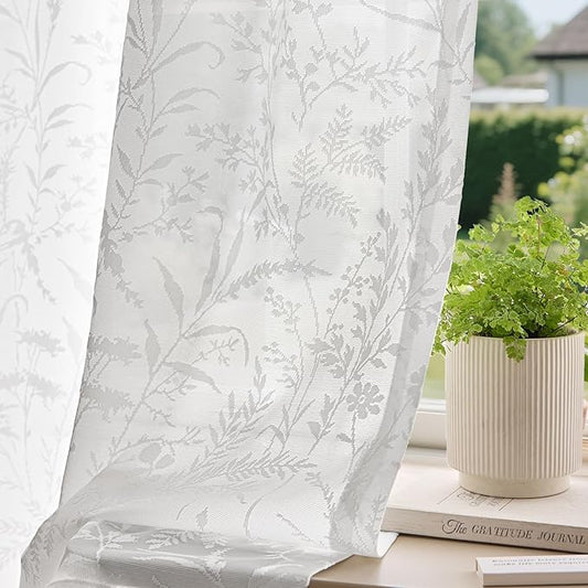 Anmao White Semi Sheer Light Filtering Extra Long Curtains 2 Panels, Leaf Pattern Drapes for Living Room Bedroom, Rod Pocket Privacy Window Treatments with Floral Design, 52x108 Inch