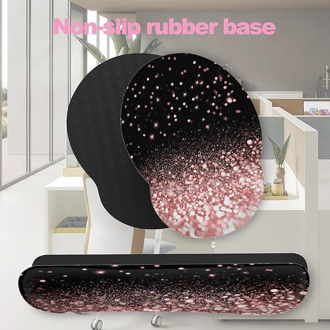 Rose Gold Glitter Mouse Pad with Wrist Rest and Keyboard Wrist Rest Set, Non-Slip Rubber Base Memory Foam Mouse Pad Set for Women, Office Desk Accessories, Gaming