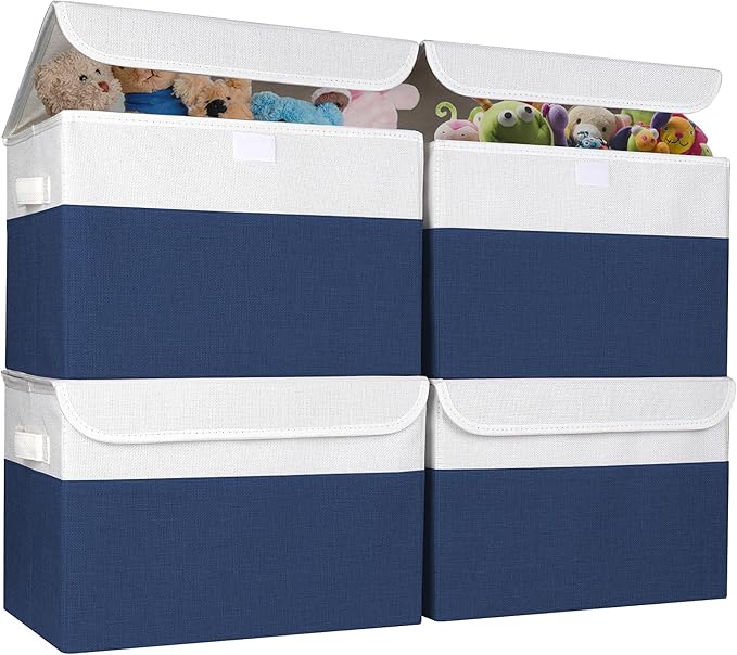 Large 22 Quart Linen Fabric Foldable Storage Bin Cube Organizer Basket with Flip-Top Lid & Handles, Clothes Blanket Box for Home, Office, Closet, Navy Blue & White, 4 Pack 14.6 x 9.5 x 9.5