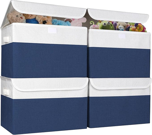 Large 22 Quart Linen Fabric Foldable Storage Bin Cube Organizer Basket with Flip-Top Lid & Handles, Clothes Blanket Box for Home, Office, Closet, Navy Blue & White, 4 Pack 14.6 x 9.5 x 9.5