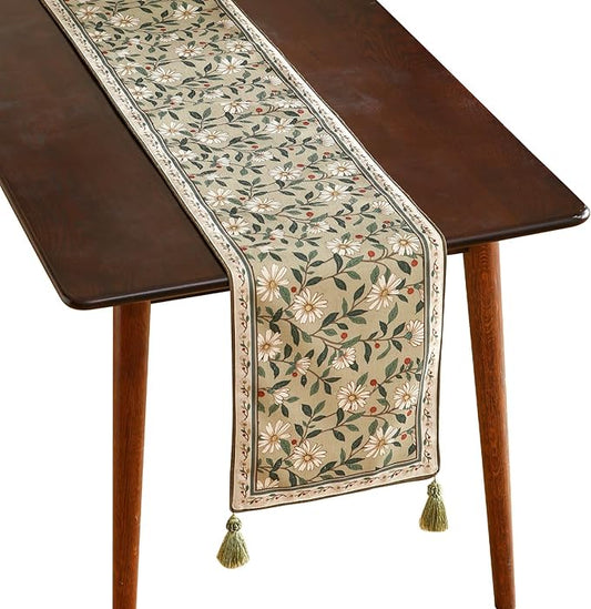 ISAENNE Designer Green Elegant Linen Table Runner 71 Inches Long,Flower and Leaves Pattern Wrinkle Resistant Table Runners for Dining Tables,Thanksgiving,Kitchen Tables,Christmas,12"*71"-Brune