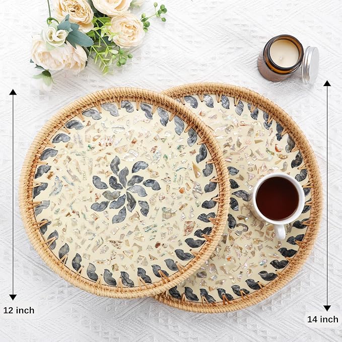 Rattan Serving Tray with Mother of Pearl, Round Coffee Table Tray Decor, Round Wicker Tray, Boho Decorative Tray, Woven Tray (Lucky Flower, 11.8 & 13.8 inch)