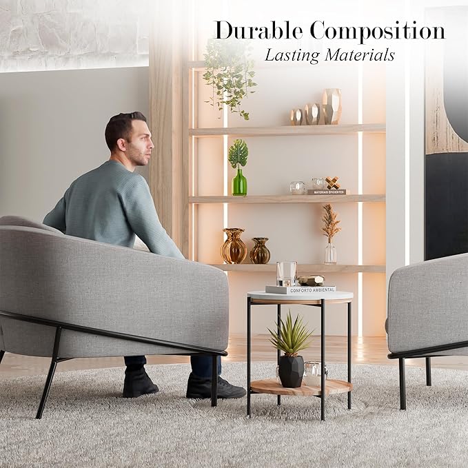 Lyra Round Marble End Table – Solid Acacia Wood Shelf, Open Storage Side Table for Living Room, Bedroom, Entryway, Small Spaces – Nightstand, Plant Stand, Modern Accent Table with Metal Frame