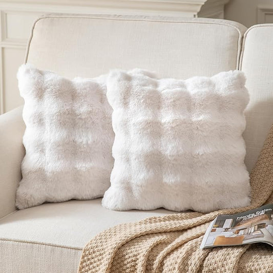 Pack of 2 Thick Plush Throw Pillow Covers Fluffy Wave Faux Fur Decorative Cushion Covers Soft Wool Pillowcase for Sofa Couch Livingroom 24x24 Inch White