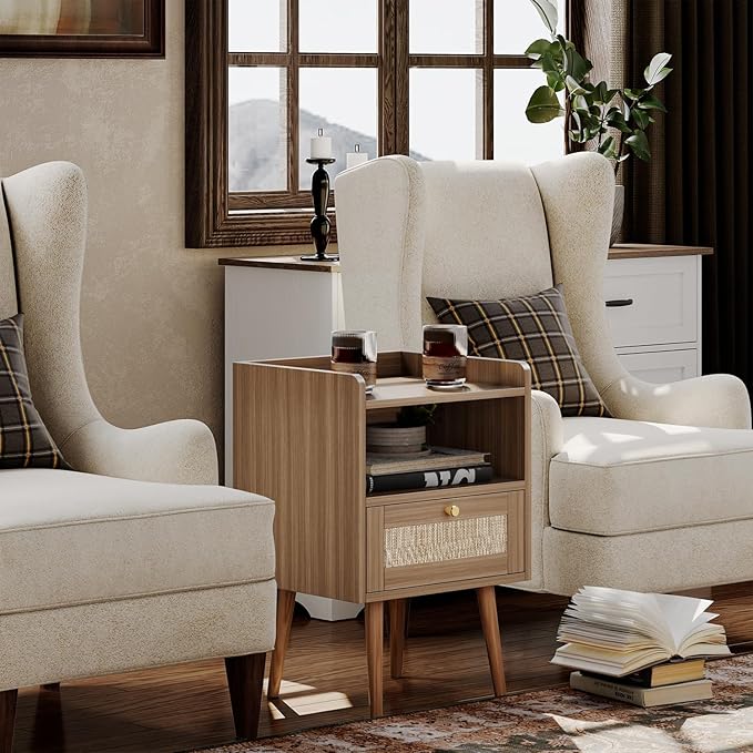 Night stand Set of 2, Bedside Tables with Charging Station, Rattan End Tables, Bed Side Tables, Wood Nightstands set of 2 for Farmhouse Kids' Room Bedroom Living Room Dorm Sofa Office Corner(Brown)