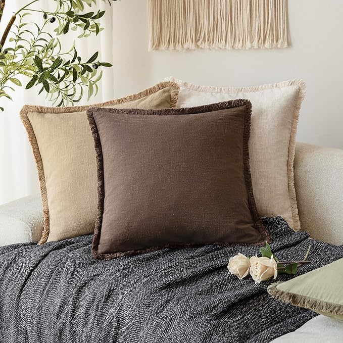 Foindtower Set of 2 Decorative Linen Fringe Throw Pillow Covers Boho Farmhouse Cushion Cover with Tassels Soft Accent Pillowcase for Couch Sofa Bed Living Room Home Decor,16×16 Inch,Reddish Brown