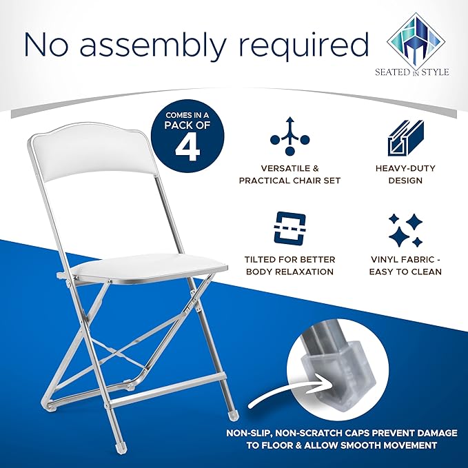 Folding Chairs with Padded Seats 4 Pack - Foldable Chair with Heavy-Duty Steel Frame, Elegant Party Bridge Chairs, Metal Folding Chair for Outside, Home, Office, Indoor Outdoor Events - Silver/ White