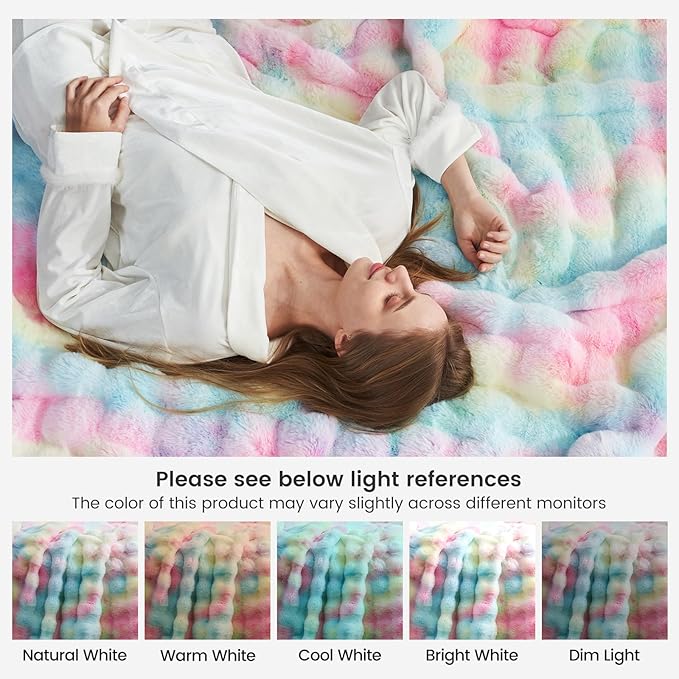 Cozy Bliss Faux Fur Throw Blanket for Couch, Bubble Plush Blanket King Size, Fuzzy Soft & Thick Blanket for Bed Sofa Living Room, 108x90 Inches Tie-dye Rainbow