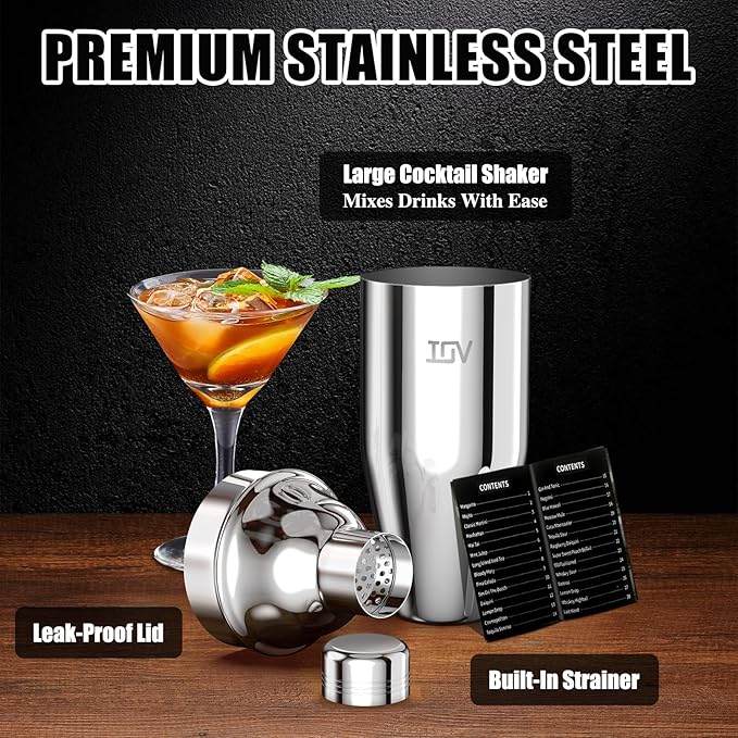 IOV Cocktail Shaker, 24 oz Martini Shaker, Drink Mixer with Built-in Strainer, Professional Stainless Steel Margarita Alcohol Shakers with Cocktail Recipe Guide, Bartender Kit Gifts
