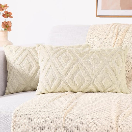 decorUhome Couch Throw Pillow Covers 12x20 Set of 2, Decorative Soft Plush Faux Wool Lumbar Neutral Accent Pillow Covers for Bed Sofa Living Room, Beige