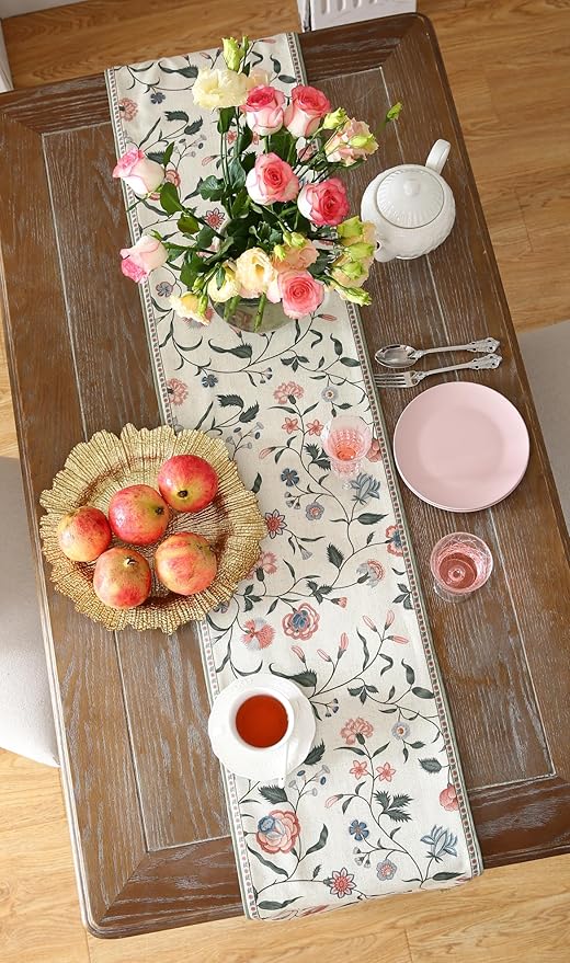 ISAENNE Designer Chinoiserie Elegant Linen Floral Table Runner 102 Inches Long,White Wrinkle Resistant Table Runners for Dining Tables,Thanksgiving,Kitchen Tables,Christmas,12"*102"-Daffy A