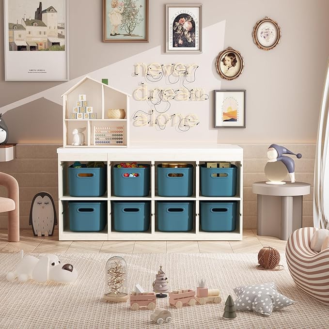 8 Pack Blue Storage Bins with Lids for Shelves, Classroom Storage Bins, Stackable Colored Bins, Plastic Storage Containers with Lids for Organizing, Storage Boxes for Craft, Art Supplies