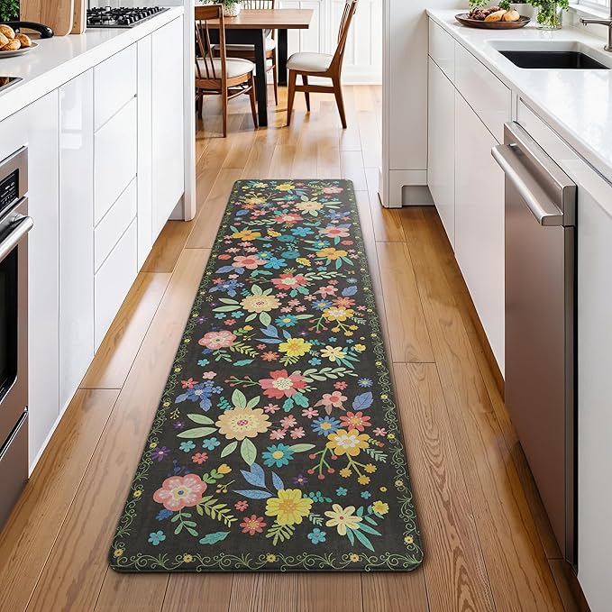 GENIMO Kitchen Mats for Floor, Cushioned Kitchen Rugs Non Slip Washable, Farmhouse Anti Fatigue Mat Waterproof, Comfort Standing Mat Rug for Office, Home, Sink, Laundry, Garage, 17.3"x70", Black