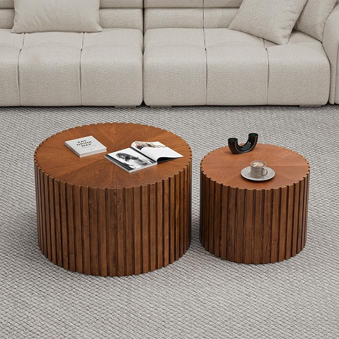 Nesting Coffee Tables Set of 2 Wooden Round Coffee Table Circle Nesting Table Space-Saving Design Modern Coffee Table Round Accent Tables Set for Living Room Bedroom Office (Brown B D27.5+D19.7“)