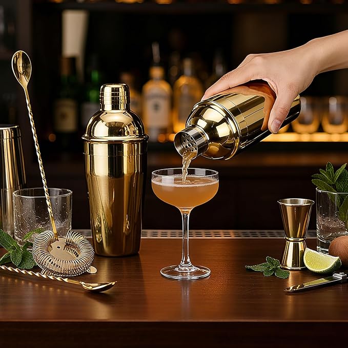 Nitial 6 Pcs Bar Cocktail Shaker Professional Stainless Steel Martini Drink Mixer Built-in Strainer for Bartending No Leaks Shaker for Bar Party Drink Mixer (Gold,18.6 oz)