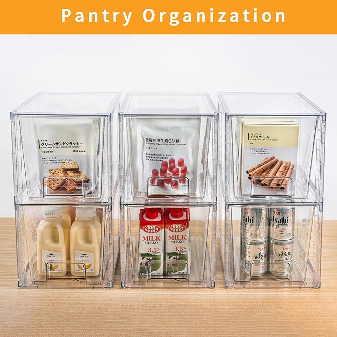 4 Pack Large Stackable Storage Drawers,Clear Acrylic Drawer Organizers with Handles, Easily Assemble for Kitchen Undersink,Bathroom,Cabinet,Makeup,Closet,Pantry,Organization and Storage