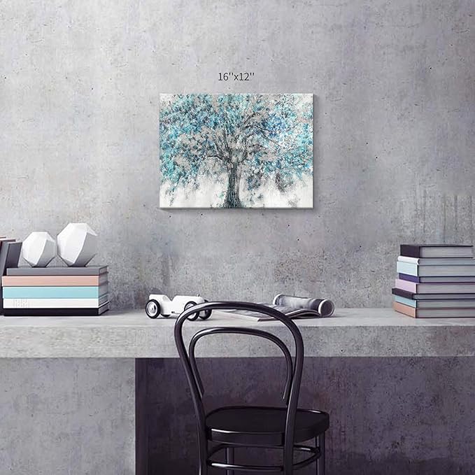Abstract Tree Canvas Wall Art: Blue Painting Graphic Art Picture Print on Canvas Small Size without Embellishment for Dining Room (12"x16"x 1 Panel)