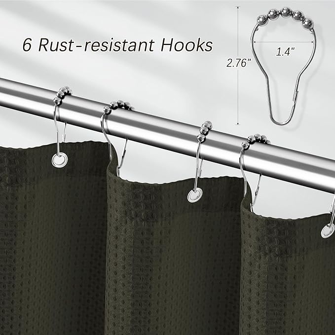 Shower Curtain Waffle Weave 36 Inches Heavy Duty Stall Fabric Shower Curtain Set for Bathroom, Waterproof Weighted 256GSM Half Size Shower Curtains with 6 Hooks, 36Wx72H Brown