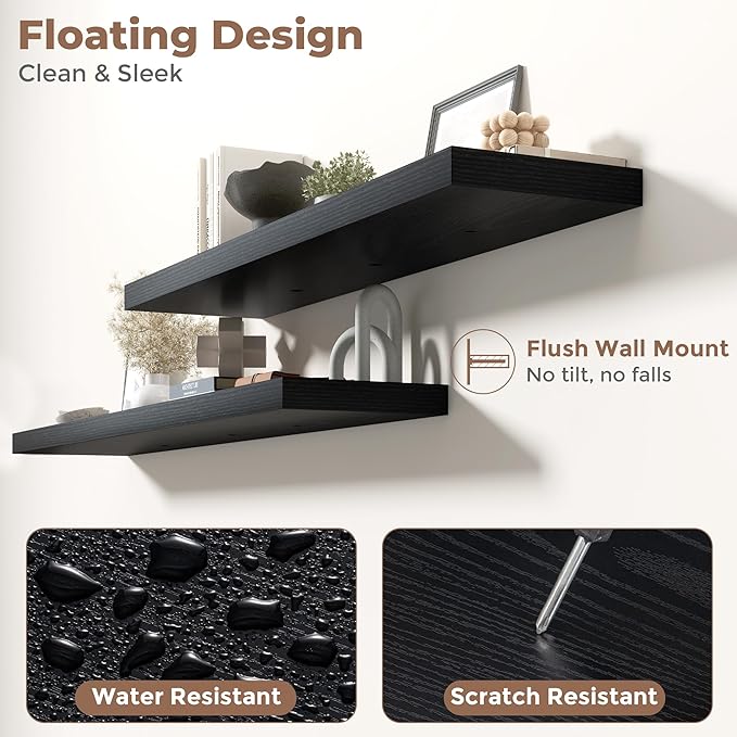 Floating Shelves for Wall with Invisible Brackets, Wall Mounted Engineered Wood Shelves with Wood Grain for Living Room, Bedroom, Bathroom, Kitchen Decor and Storage, Oak, 55"L Set of 2, Black