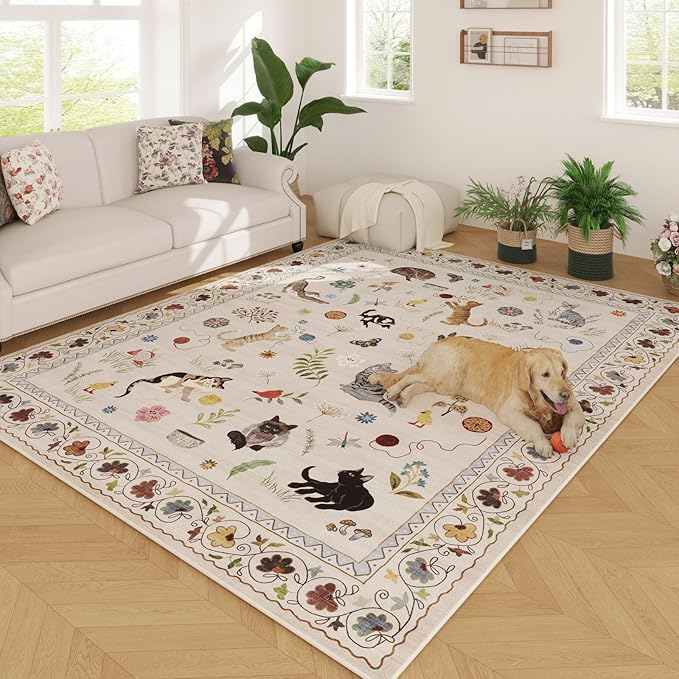 Rugcomf Living Room Rug 5x7 Rug Machine Washable Boho Area Rug Non Slip Floral Animal Cat Vintage Low Pile Large Rugs for Living Room Bedroom Farmhouse Dining Room Kids Playroom, Beige