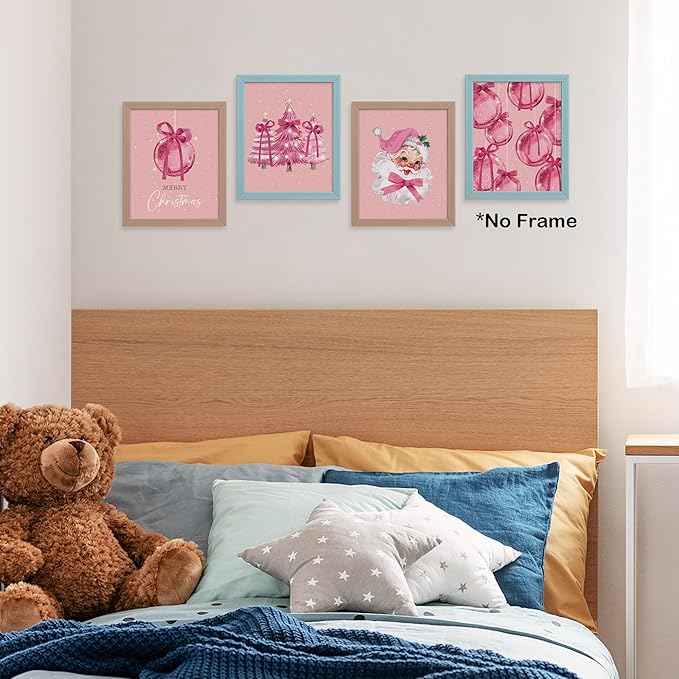 TLESKE Pink Winter Merry Christmas Coquette Bow Posters Prints Unframed Set of 4 for Teen Girls Dorm Bedroom Living Room, Santa Claus Christmas Ball Pine Trees Wall Art Prints Pictures Decor, 8x10