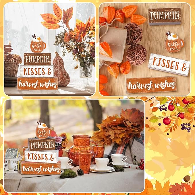 4 Pcs Fall Decor for Home Hello Fall Wooden Signs with Sayings Autumn Thanksgiving Tiered Tray Decor Pumpkin Ice Cream Tabletop Centerpiece Harvest Wishes Block Signs for Office Kitchen Shelf